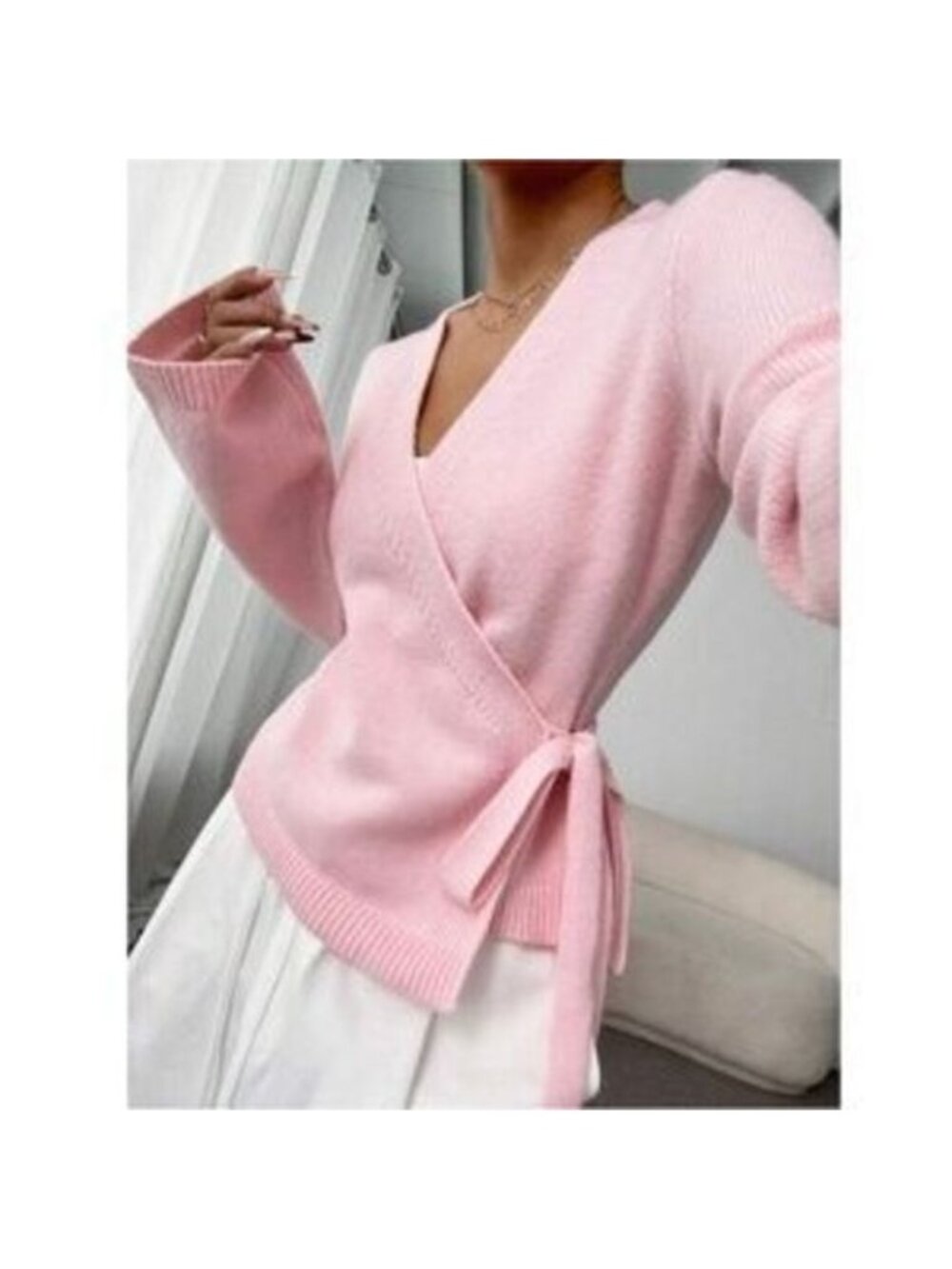 Pink Wrap Tie Side Cardigan Long Sleeve V-Neck